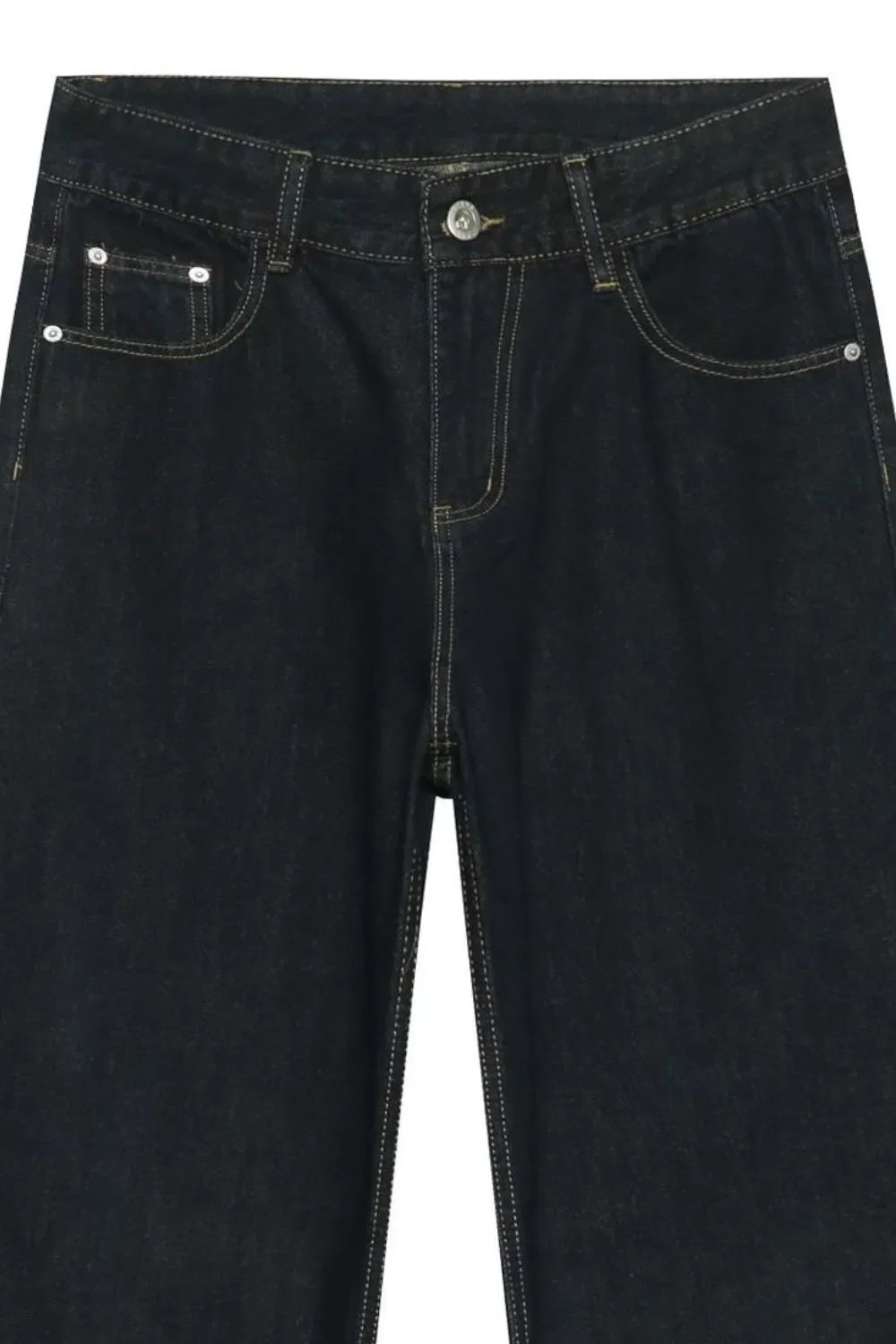 Dark denim exaggerated wide leg trousers with visible stitching and button fly.