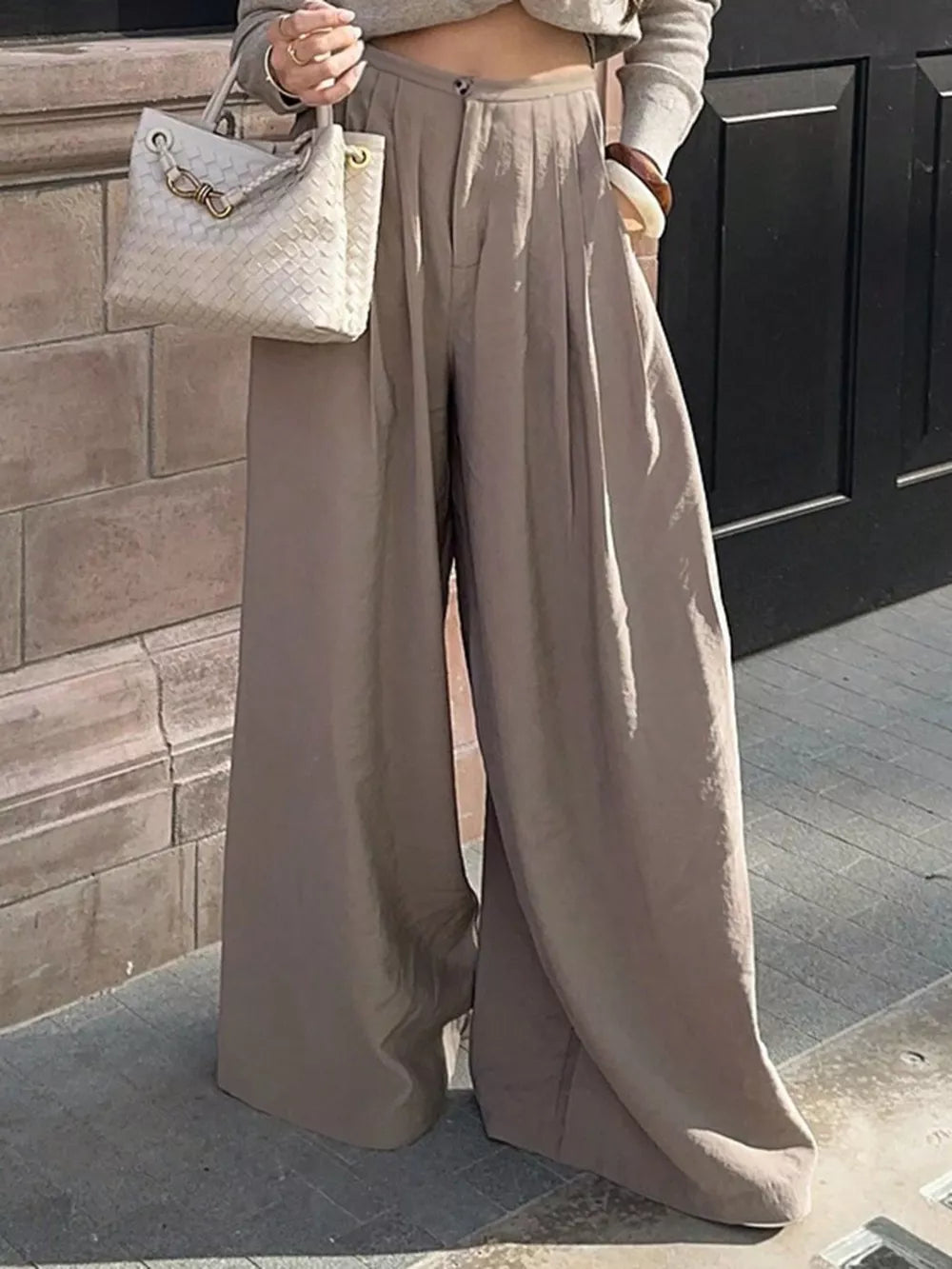 Wide-leg Pleated Pants in Khaki, front view