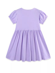 Lavender cotton toddler dress with puff sleeves and gathered skirt