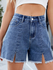 Light blue denim shorts with split front and frayed hem