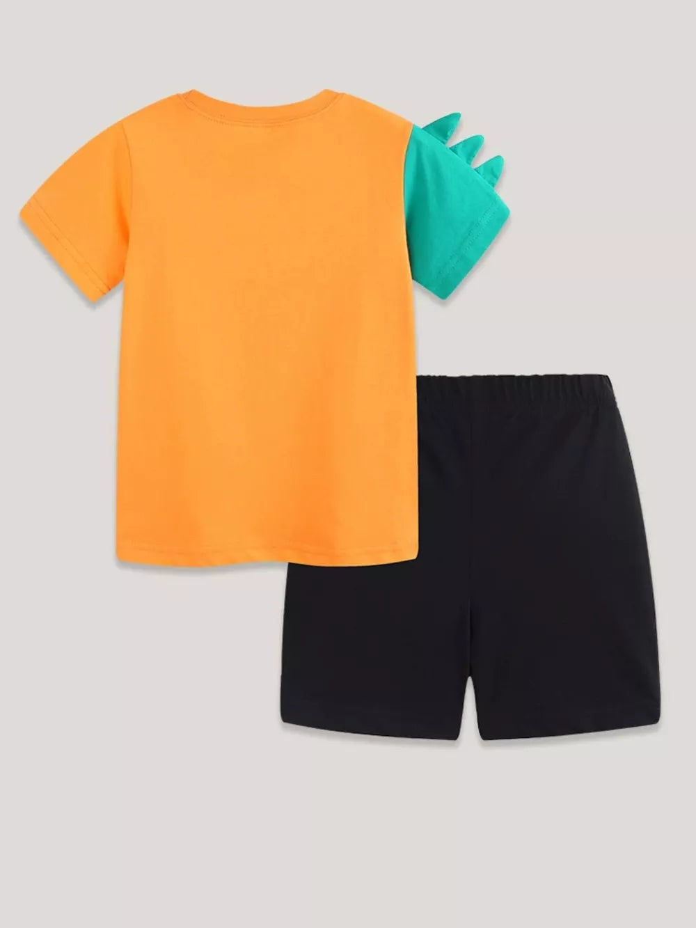 Orange dinosaur tee with green spikes and black shorts for boys.