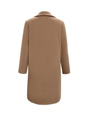 Camel wool-blend overcoat with a classic collar and single button closure.