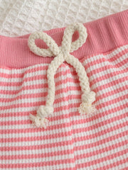 Baby pink and white striped cotton blend shorts with drawstring detail