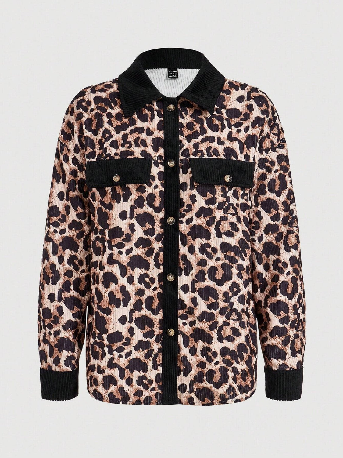 Leopard corduroy utility shirt jacket with black accents and button front.