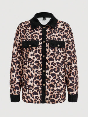 Leopard corduroy utility shirt jacket with black accents and button front.