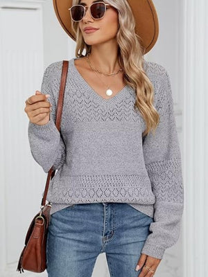 Light gray eyelet stitch V-neck pullover sweater with textured detail