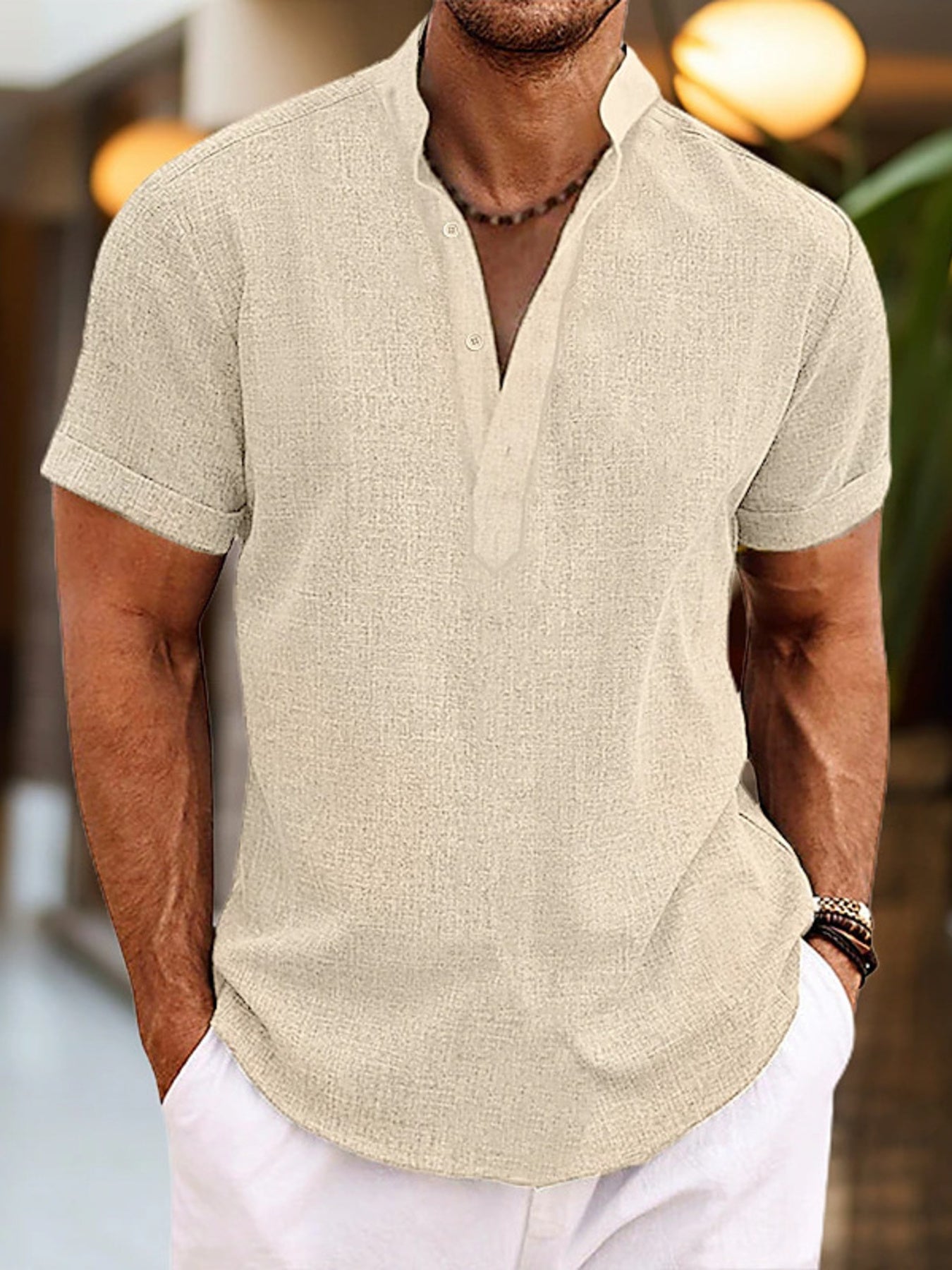 Men's Khaki Short Sleeve Henley Shirt with buttoned placket and rolled cuffs
