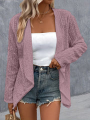 Lilac open-weave draped front cardigan with long sleeves and a textured pattern.