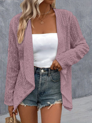 Lilac open-weave draped front cardigan with long sleeves and a textured pattern.