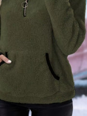 Army green fleece quarter zip pullover with black trim on pockets and zipper