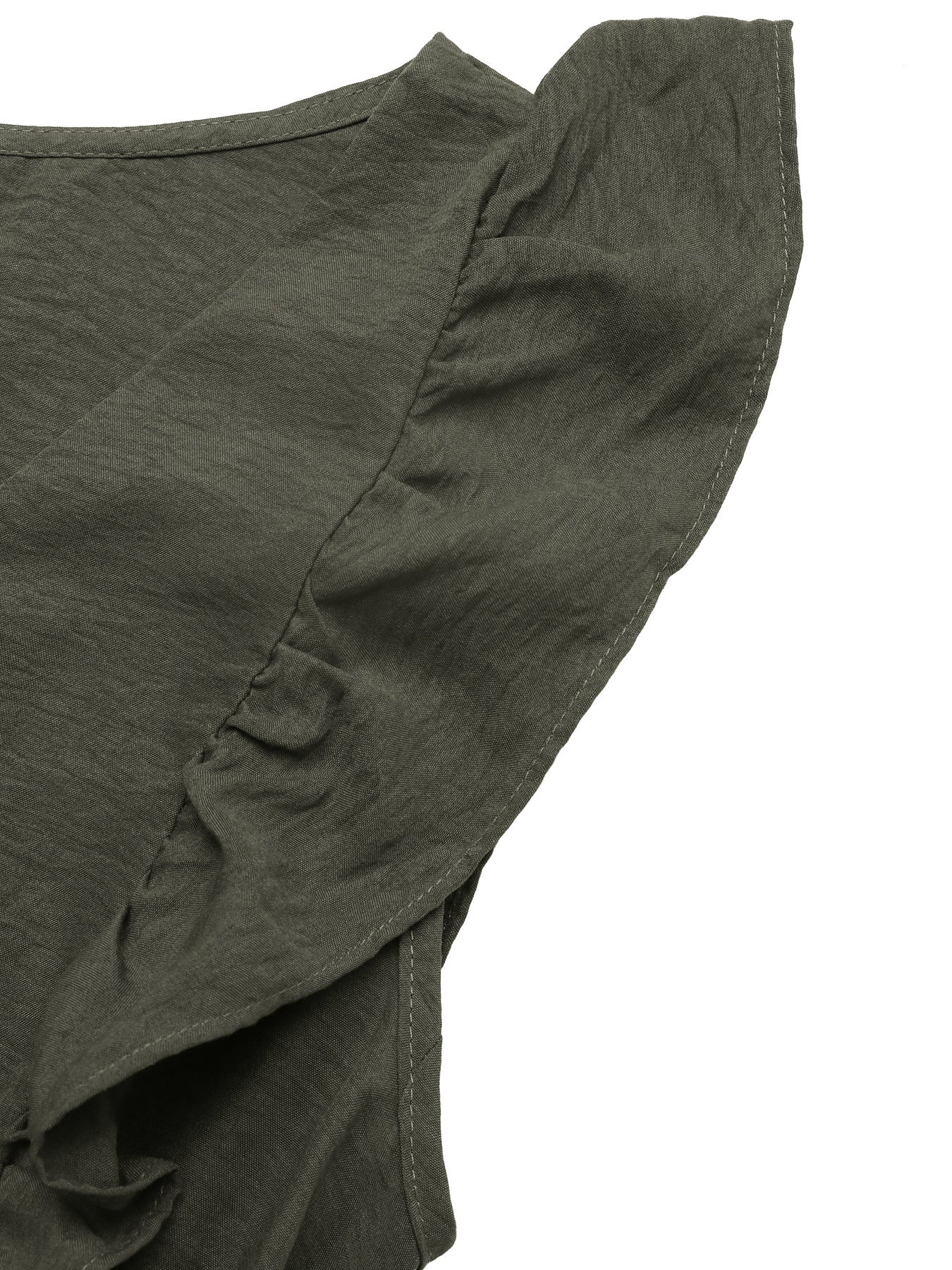 Olive green tiered maxi dress with ruffled cap sleeves and textured fabric.