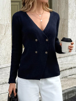 Navy double-breasted knit cardigan with gold button detail and V-neck.