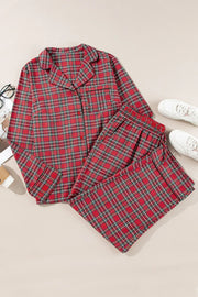 Crimson plaid relaxed fit pajama set with button-down top and elastic waist pants.