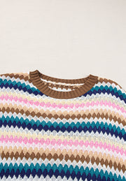 Textured knit sweater with brown contrast trim and a colorful chevron stripe pattern.