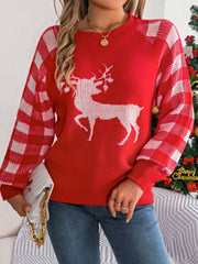 Red acrylic sweater with white reindeer graphic and red & white gingham sleeves.
