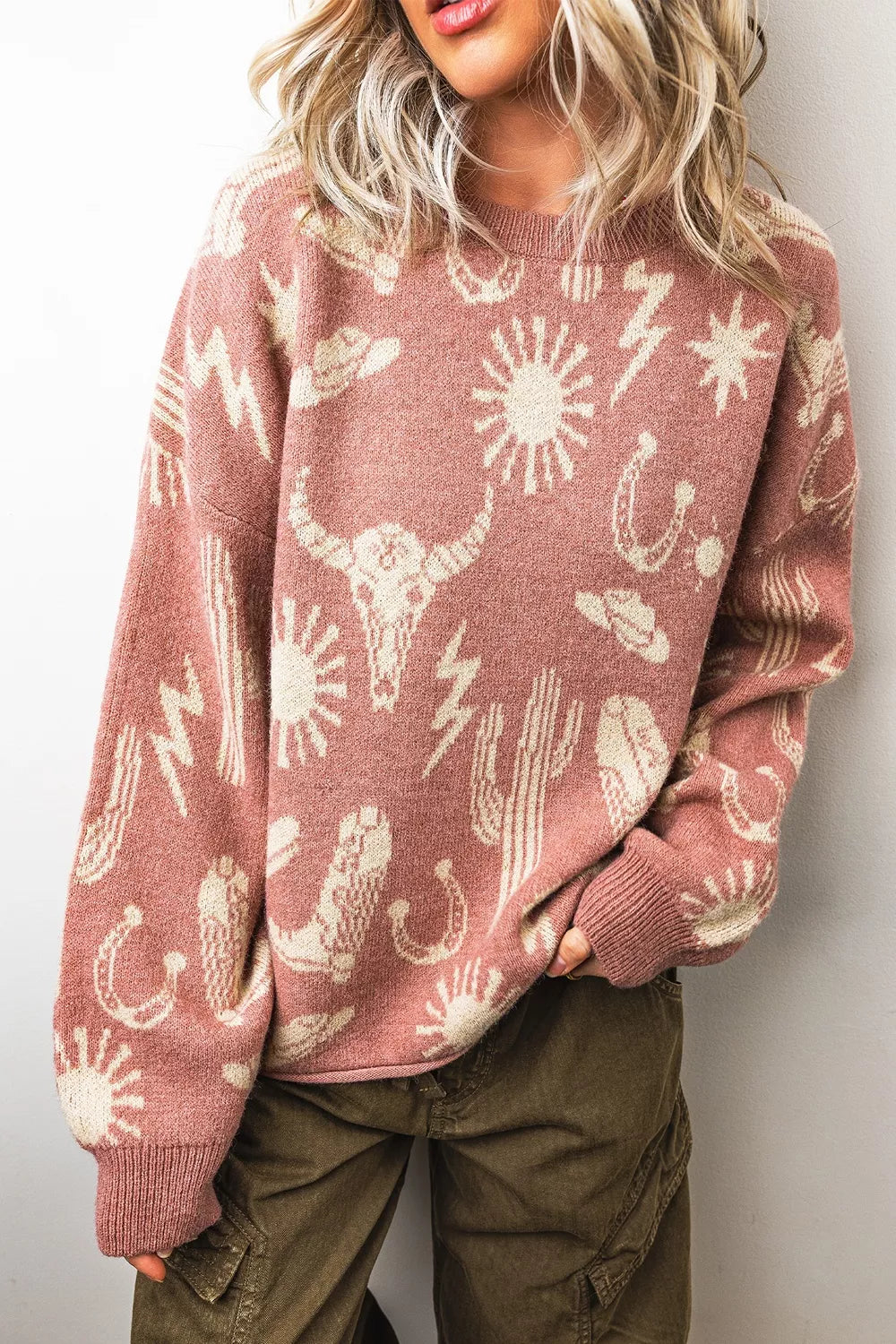 Western Graphic Round Neck Sweater, close-up detail