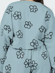 Teal cropped lounge set with black drawn floral pattern