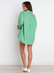 Oversized green and white striped shirting set, long sleeve button-up shirt with shorts.