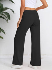 Black palazzo trousers with a fold-over waistband and wide leg