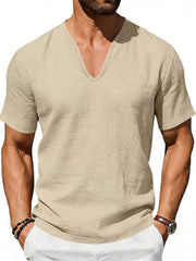 Men's Khaki V-neck Linen Tee with short sleeves and a relaxed fit.