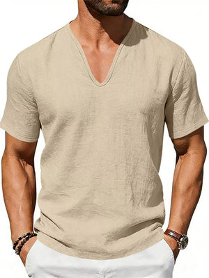 Men's Khaki V-neck Linen Tee with short sleeves and a relaxed fit.