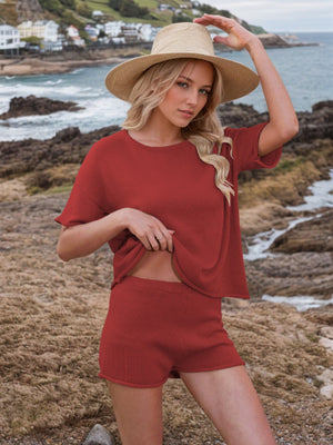 Scarlet knit co-ord set with relaxed fit top and shorts.