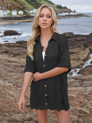 Black diamond knit collared cardigan shirt with short sleeves and button front