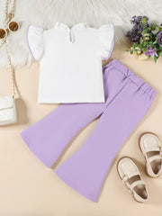 Baby girls' white ruffle top with purple trim and purple flare pants set