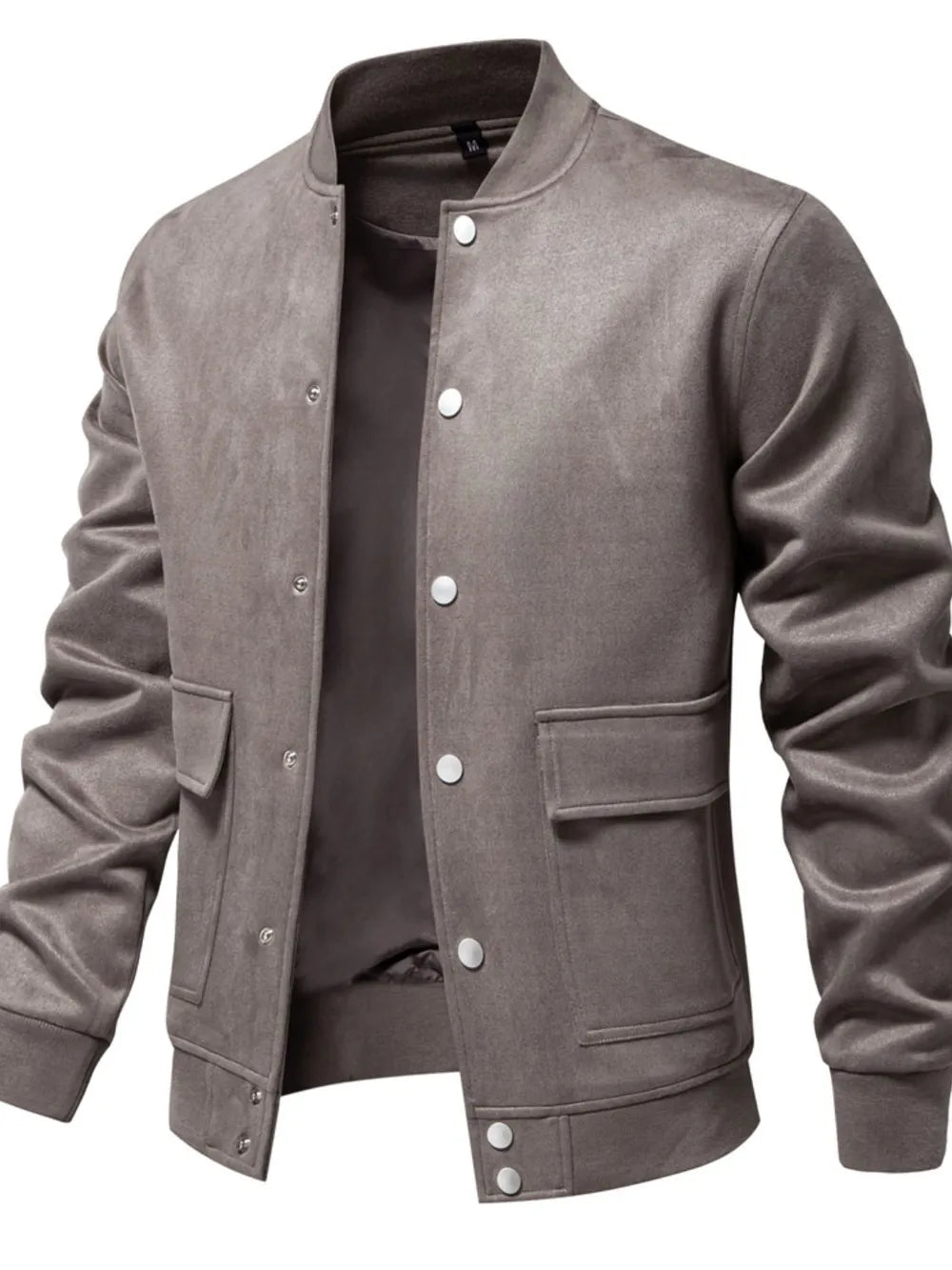 Taupe suede-effect bomber jacket with snap closure and chest pockets.
