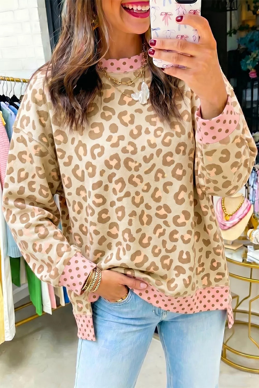 Leopard Print Sweatshirt With Polka Dot Accents in Tan, front view