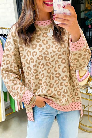 Leopard Print Sweatshirt With Polka Dot Accents in Tan, front view