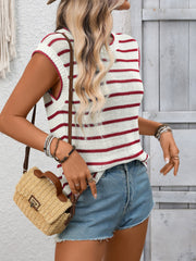 Striped knit sweater vest in red and white, crewneck, sleeveless, with a relaxed fit.