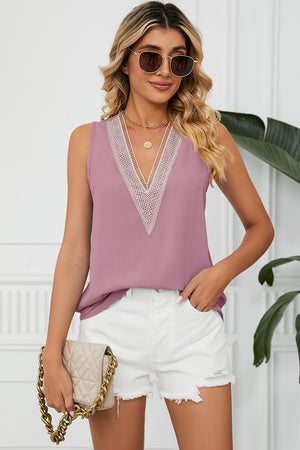 Lavender lace-trimmed V-neck tank top with a relaxed fit.
