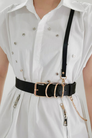 Black PU leather harness belt with gold chain detail and buckle.