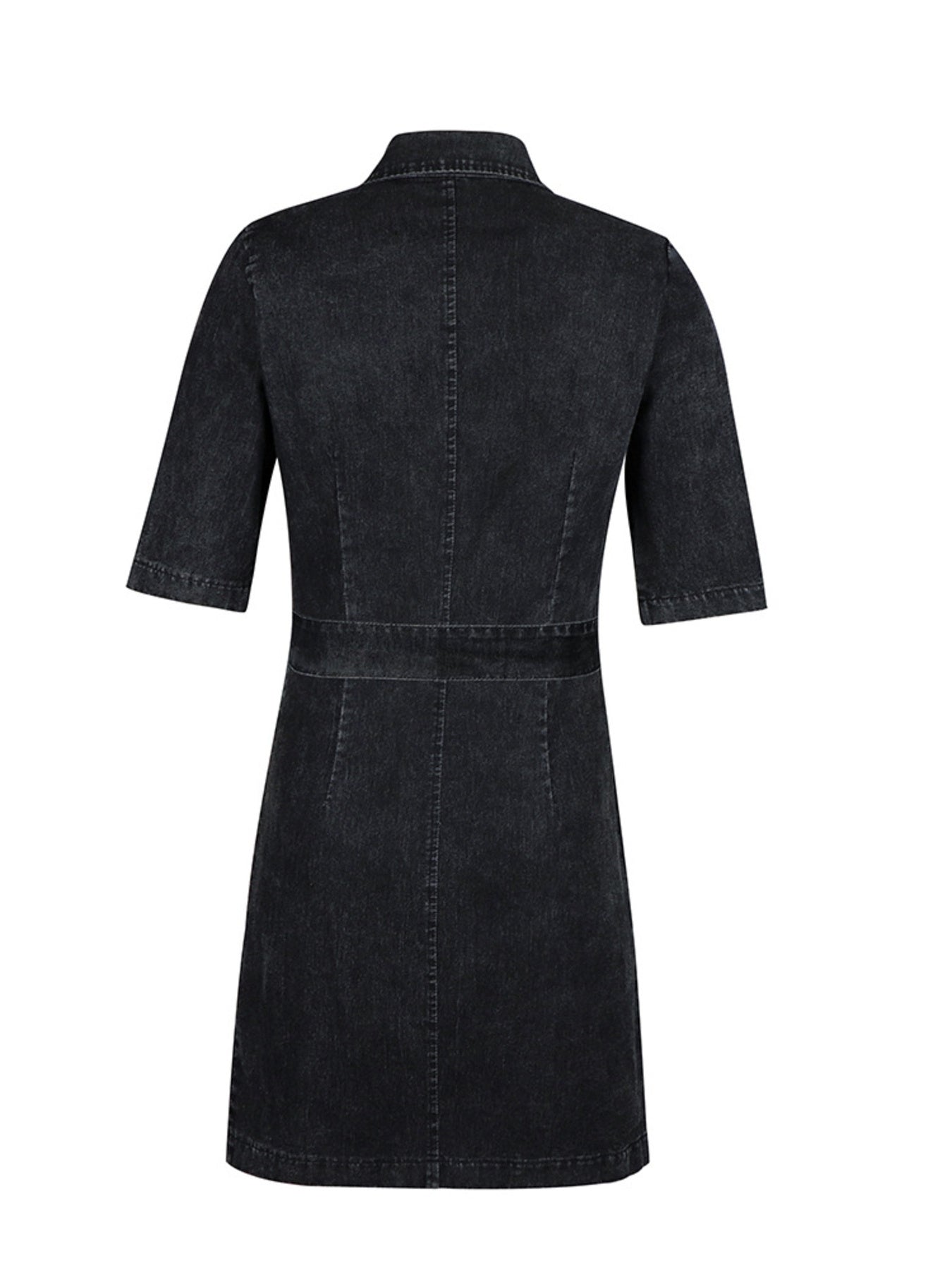 Black denim shirt dress with short sleeves and a belted waist.