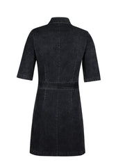Black denim shirt dress with short sleeves and a belted waist.