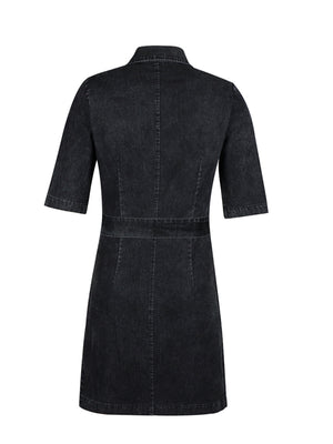 Black denim shirt dress with short sleeves and a belted waist.