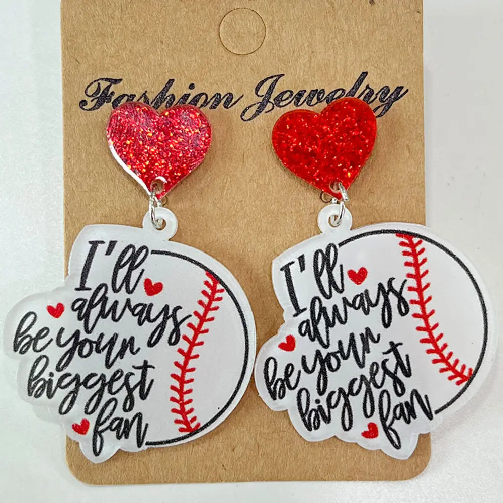 Acrylic football dangle earrings with red glitter hearts and "I'll always be your biggest fan" text.