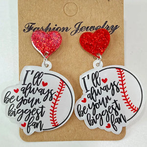 Acrylic football dangle earrings with red glitter hearts and "I'll always be your biggest fan" text.