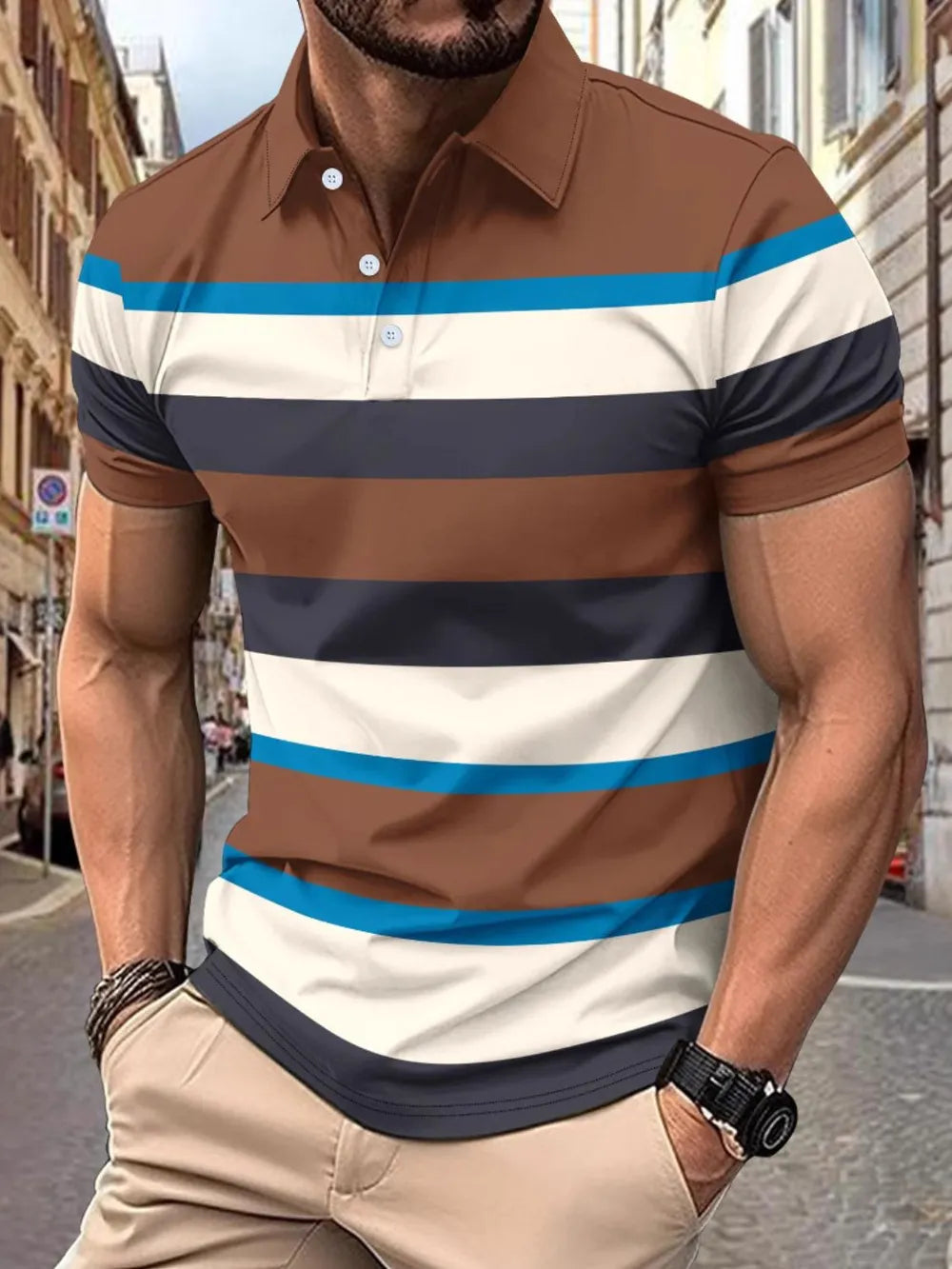 Men's short sleeve polo shirt with bold horizontal stripes in caramel, white, navy, and blue.