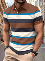 Men's short sleeve polo shirt with bold horizontal stripes in caramel, white, navy, and blue.