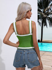 Green knit tank top with white contrast trim and square neckline.