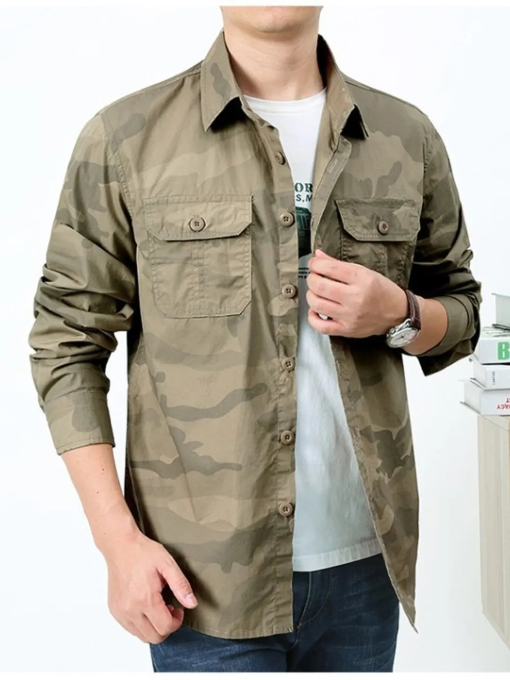 Men's Plus Size Camouflage Print Long Sleeve Shirt in Army Green, product detail