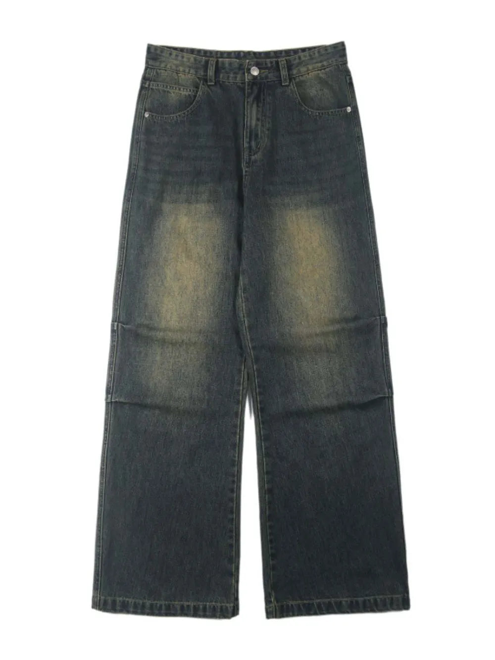 Vintage wash wide-leg men's jeans in dark blue-green cotton with a faded look.