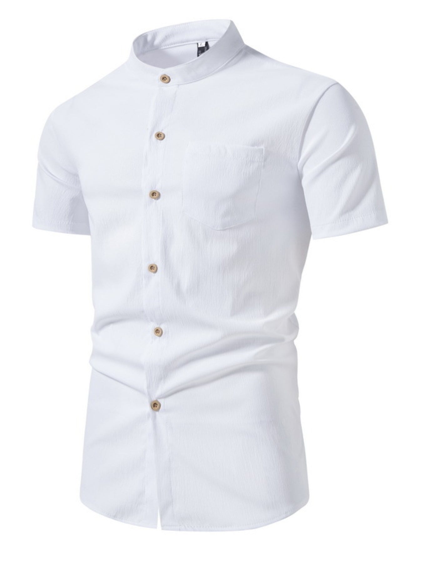 White cotton band collar button-up shirt with short sleeves and a chest pocket.