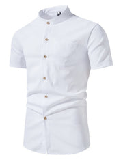 White cotton band collar button-up shirt with short sleeves and a chest pocket.
