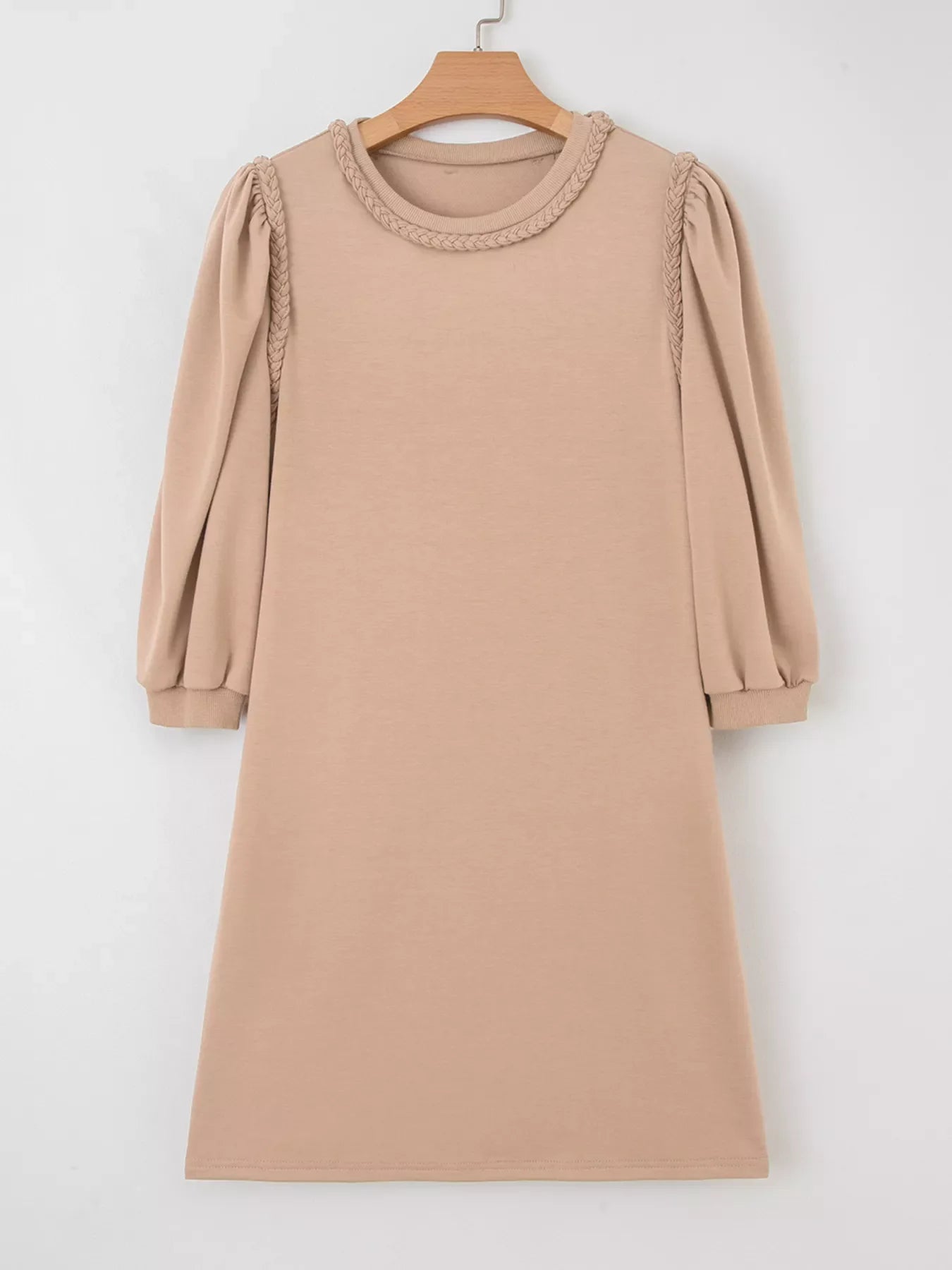 Braided puff sleeve khaki dress with crew neck and cuffed sleeves.