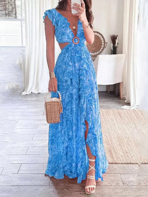 Sky blue ruffled V-neck maxi dress with cut-outs and a wood ring detail.