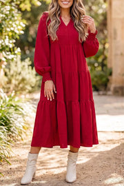 Solid Color Ruffle Trim Tiered Midi Dress, front view