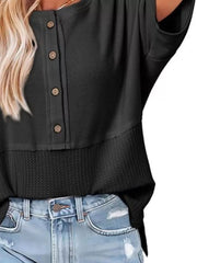 Black waffle-knit t-shirt with button detail and textured hem